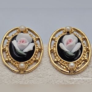 Cameo Flower Earrings w/Faux Pearl Oval Studs Vintage 3D